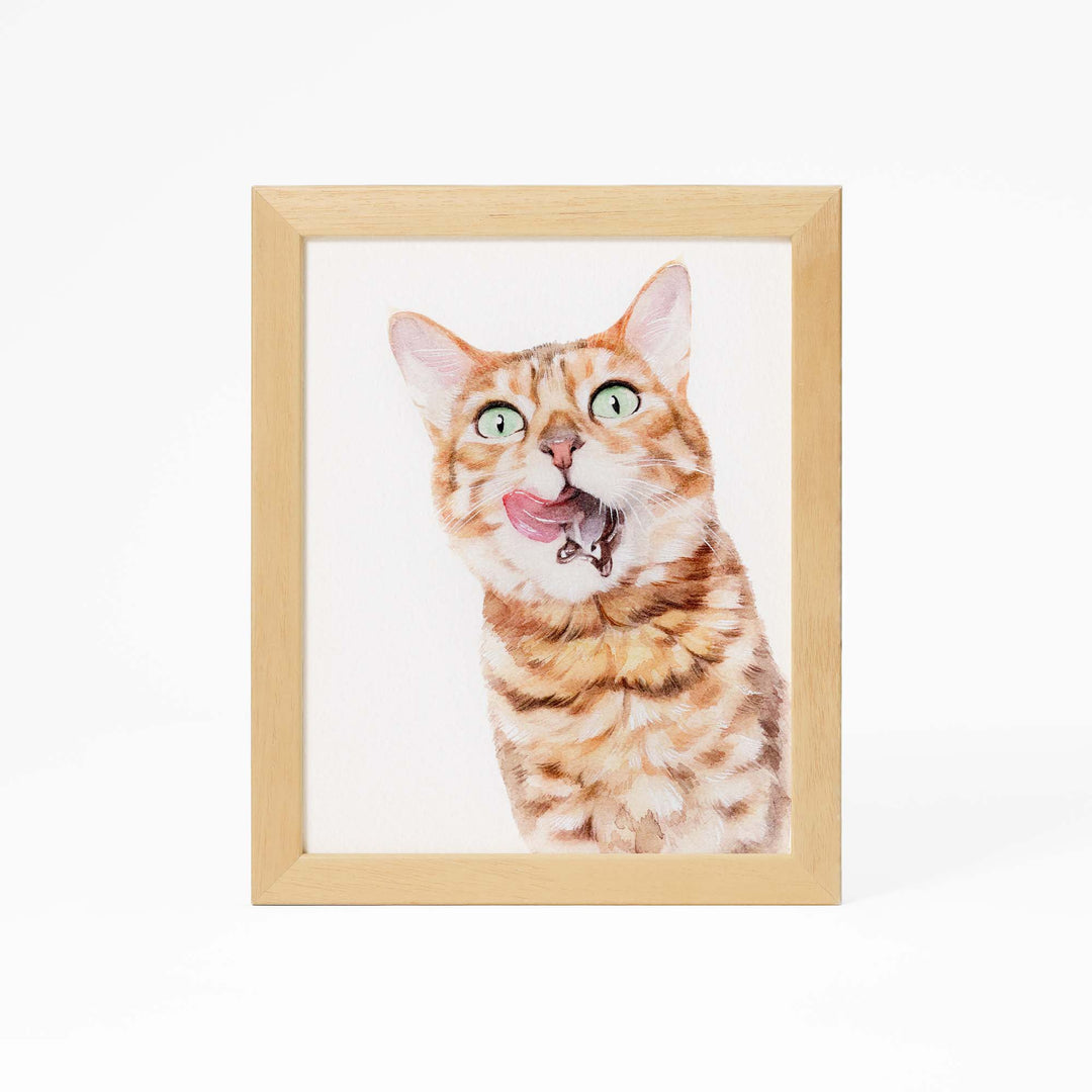 Hand-painted watercolor portrait of a cat from photo
