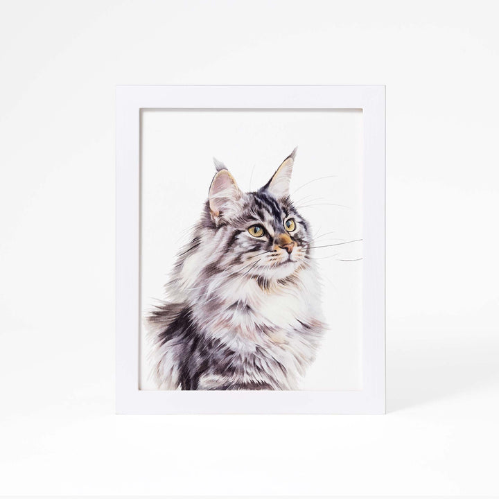 Hand-painted watercolor portrait of a cat from photo