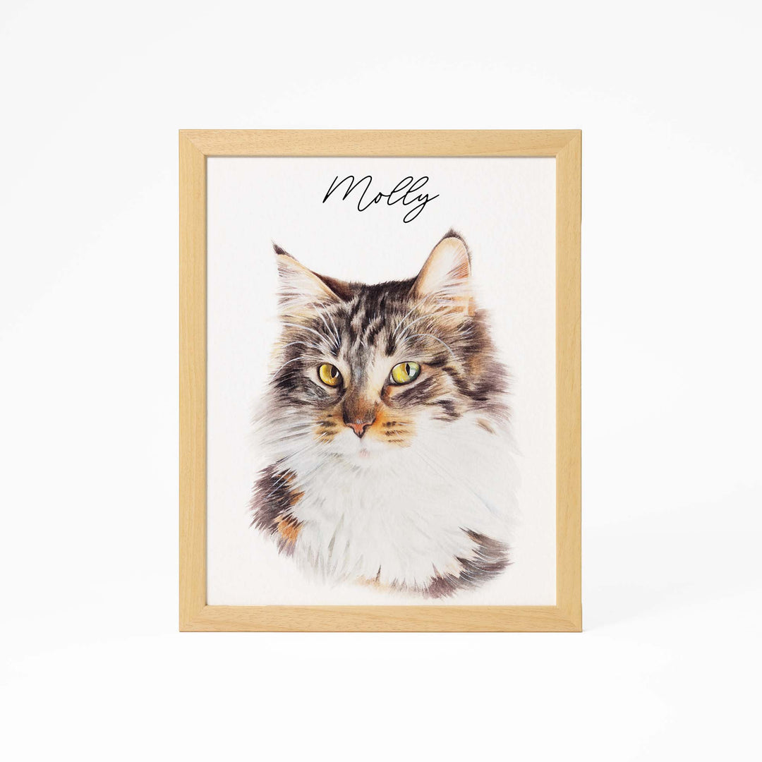 Hand-painted watercolor portrait of a cat from photo