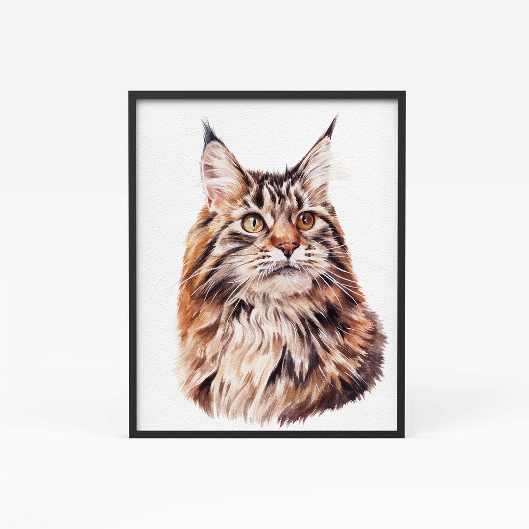 Hand-painted watercolor portrait of a cat from photo