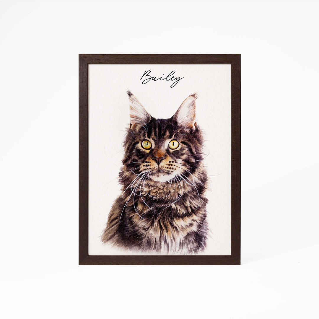 Hand-painted watercolor portrait of a cat from photo