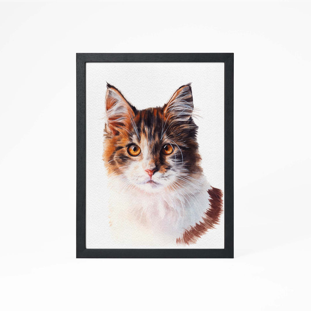 Hand-painted watercolor portrait of a cat from photo