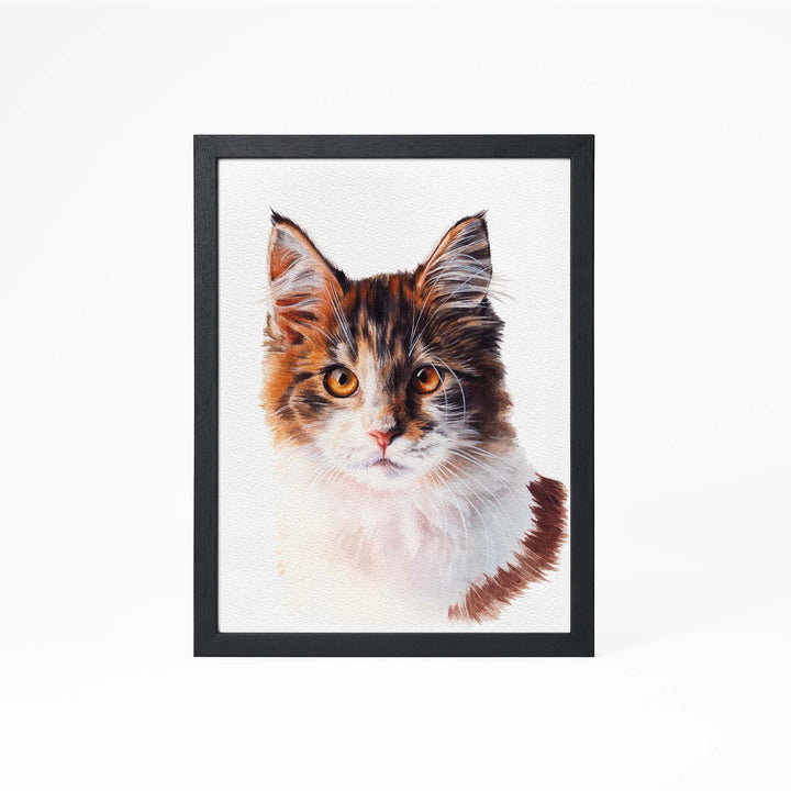 Hand-painted watercolor portrait of a cat from photo