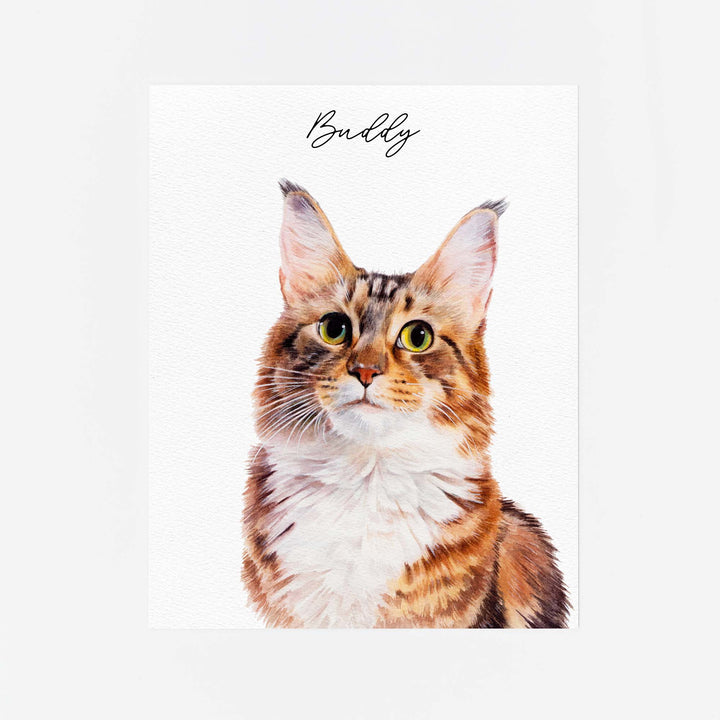 Hand-painted watercolor portrait of a cat from photo