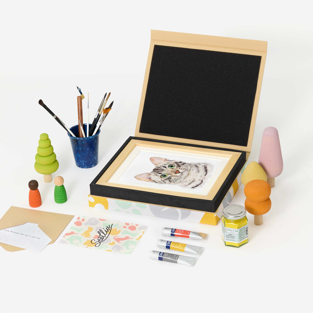 Hand-painted watercolor portrait of a cat from photo