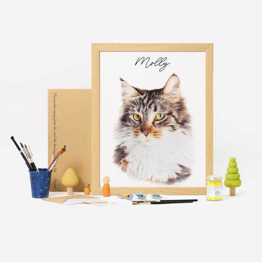 Hand-painted watercolor portrait of a cat from photo
