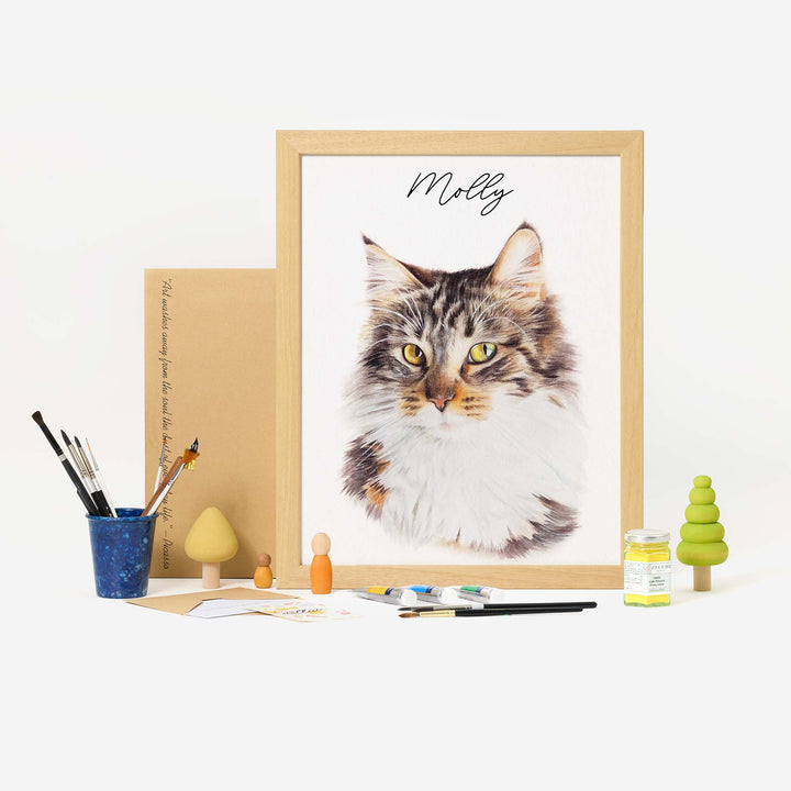 Hand-painted watercolor portrait of a cat from photo