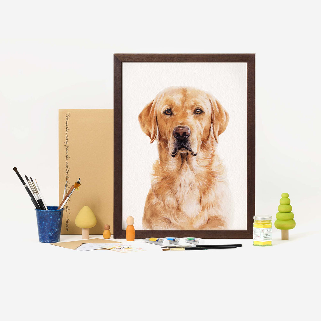 Hand-painted watercolor portrait of a dog from photo