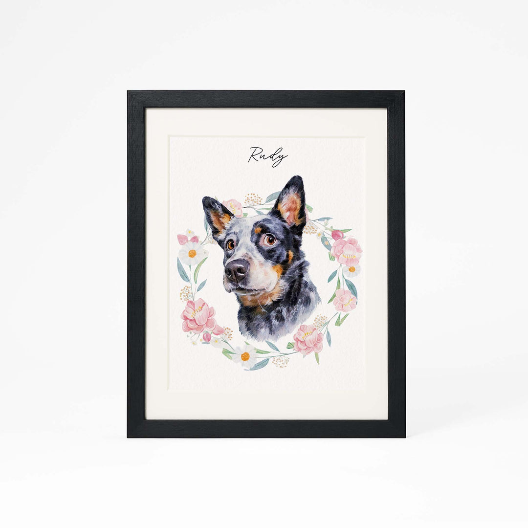 Custom hand-painted pet portrait with flowers