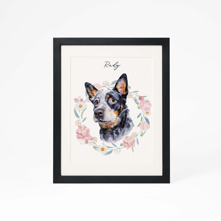 Custom hand-painted pet portrait with flowers