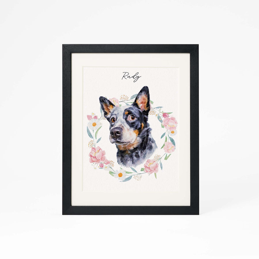 Custom hand-painted pet portrait with flowers