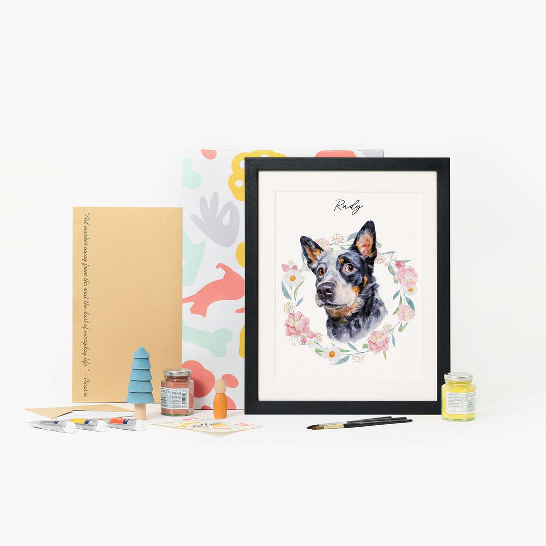 Custom hand-painted pet portrait with flowers
