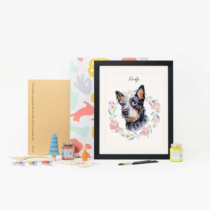 Custom hand-painted pet portrait with flowers
