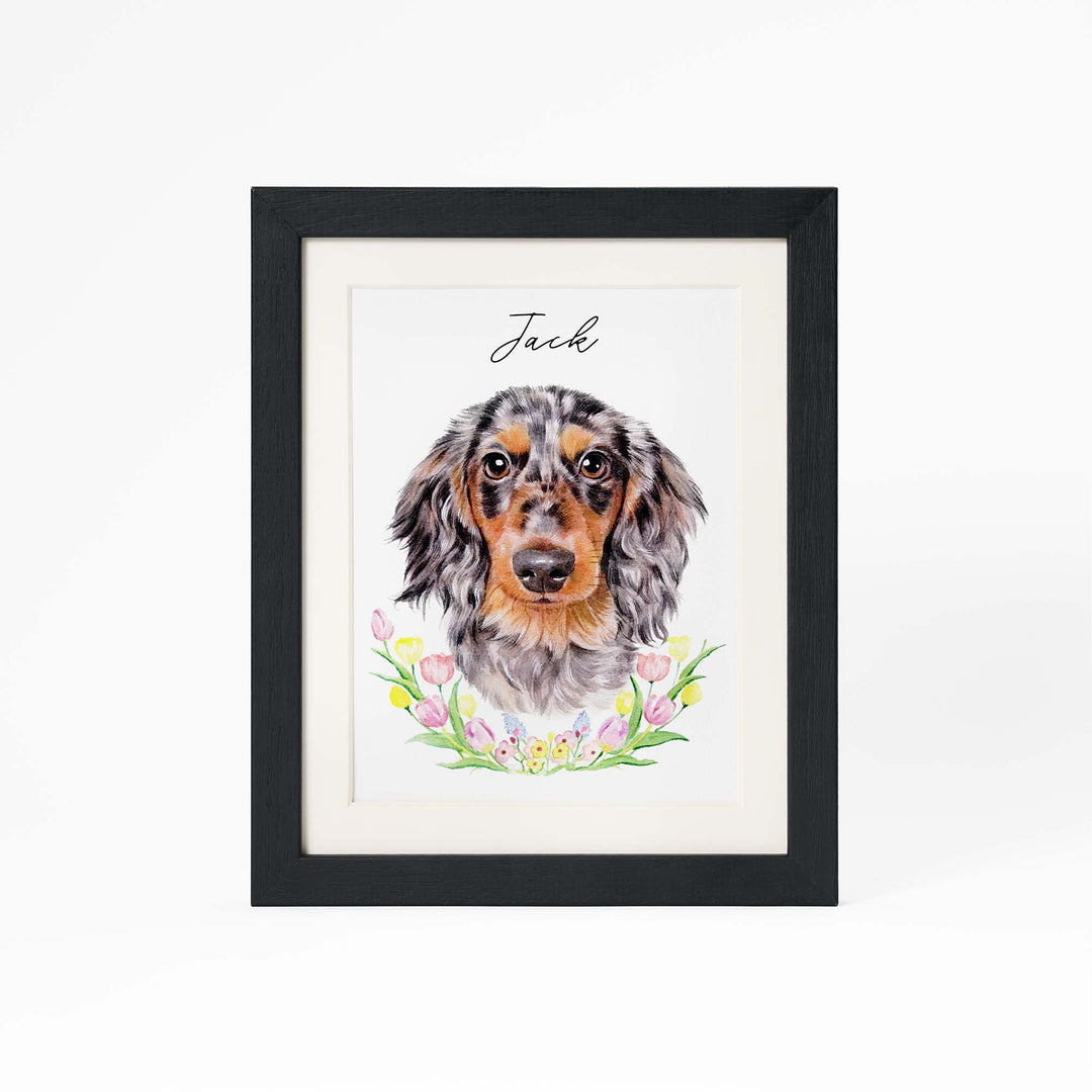 Custom hand-painted pet portrait with flowers