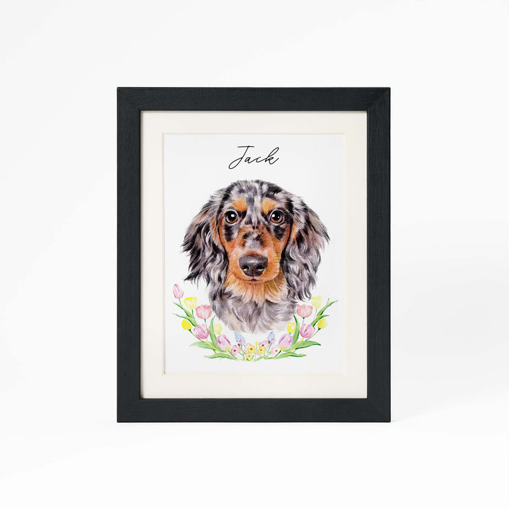 Custom hand-painted pet portrait with flowers