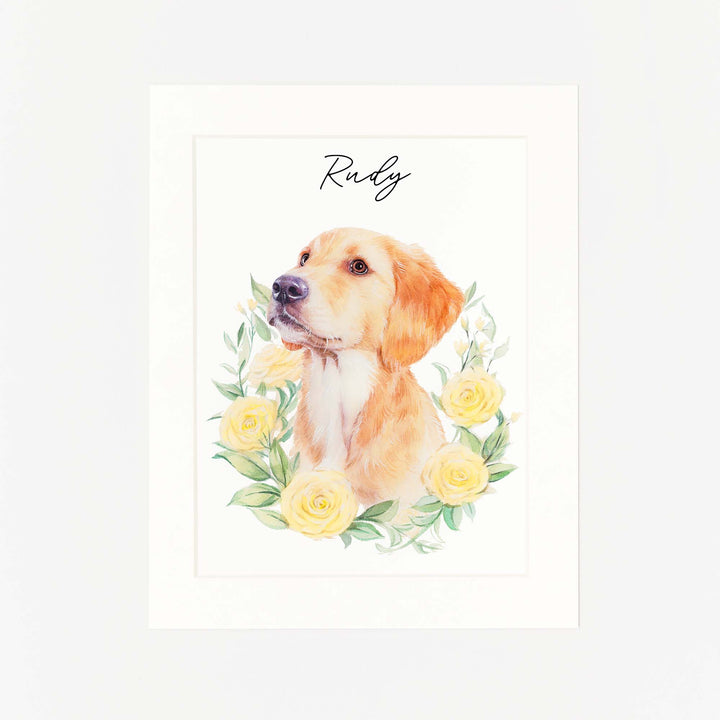 Custom hand-painted pet portrait with flowers