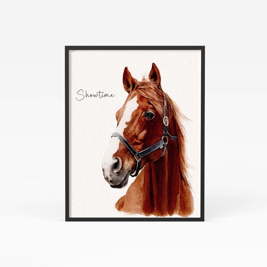 Hand-painted watercolor portrait of a horse from photo