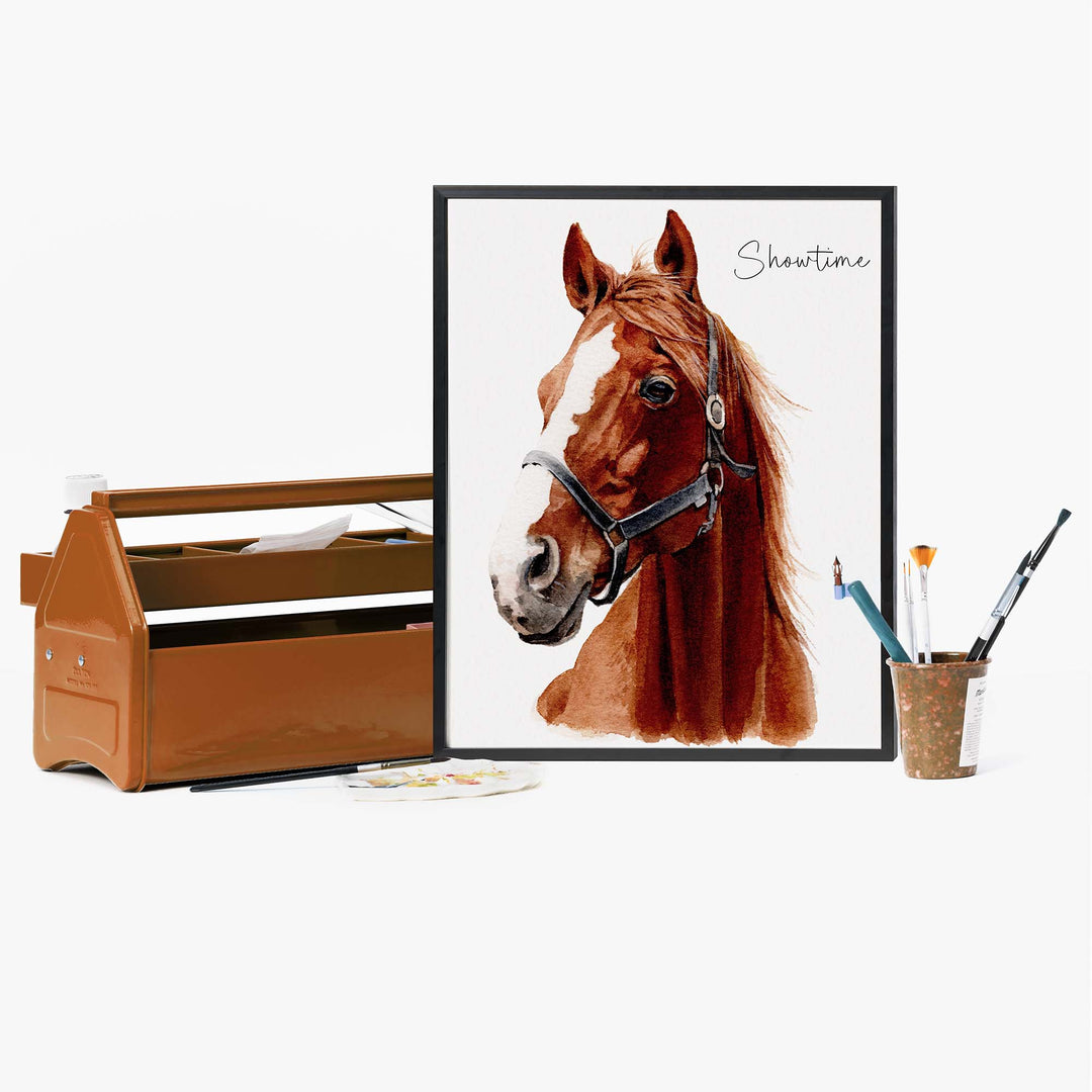 Hand-painted watercolor portrait of a horse from photo