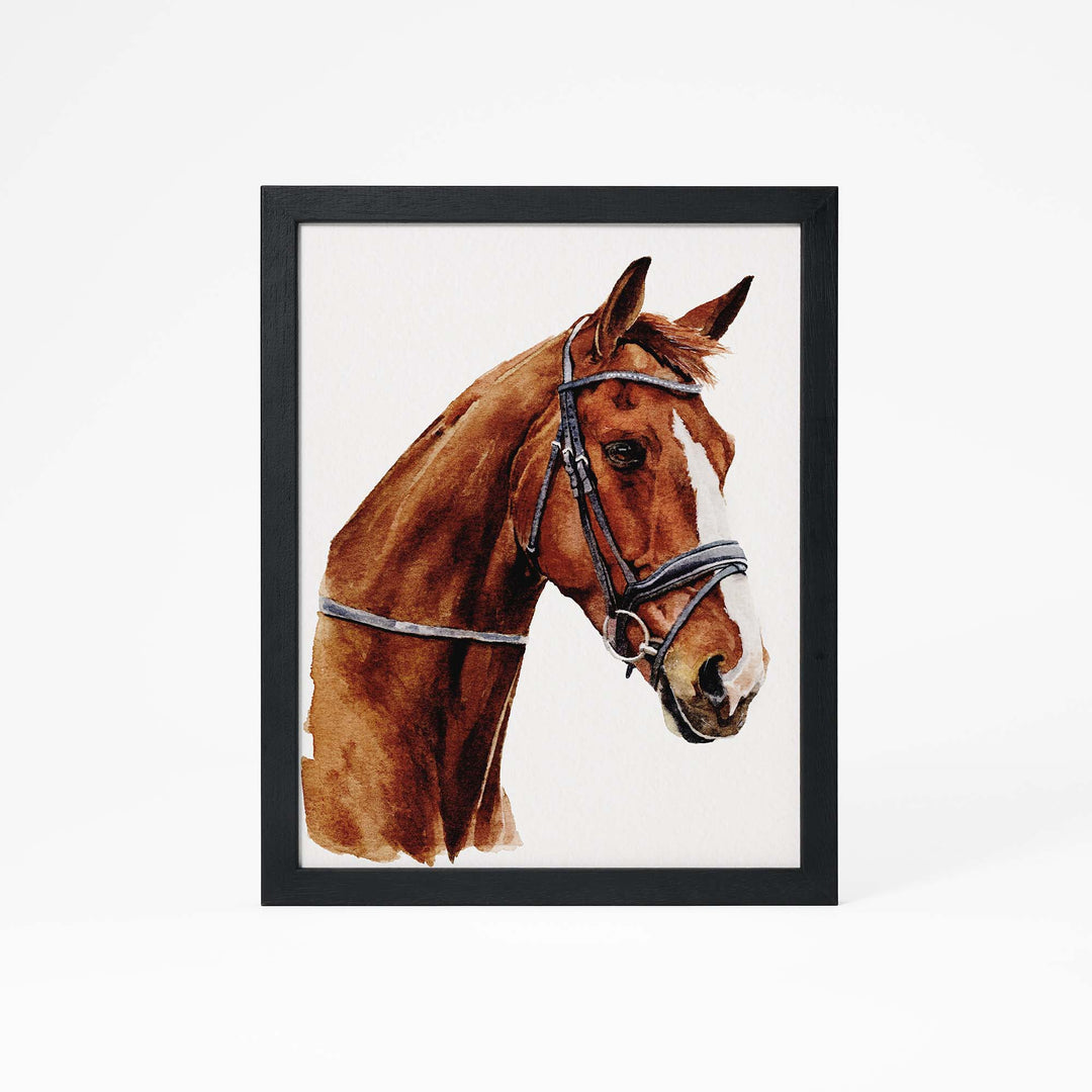 Hand-painted watercolor portrait of a horse from photo