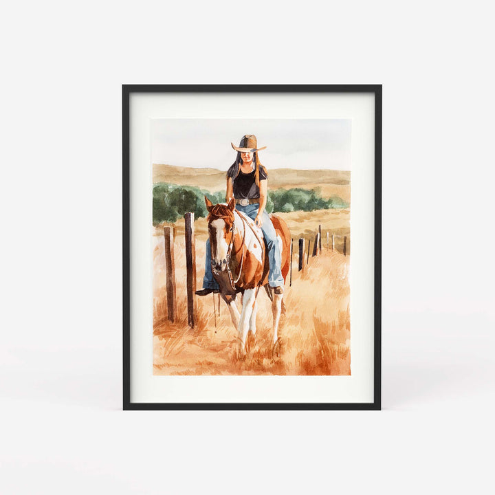 (Updated)Custom Horse & Rider Portrait – Hand-Painted Watercolor from Photo