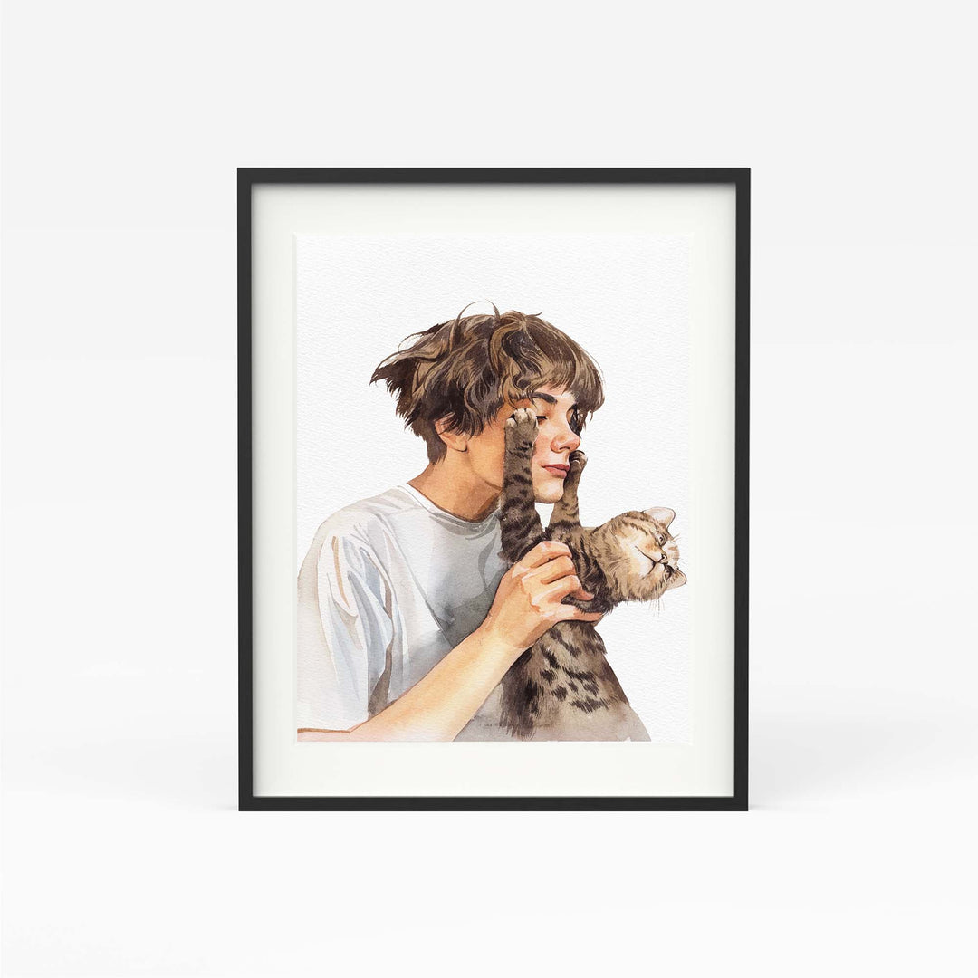 Custom hand-painted watercolor portrait of person and pet