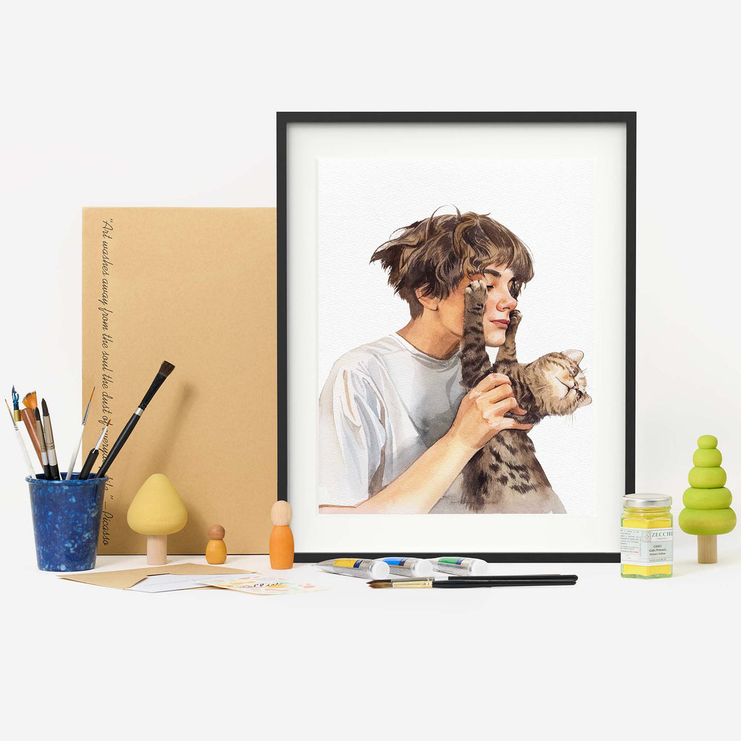 Custom hand-painted watercolor portrait of person and pet