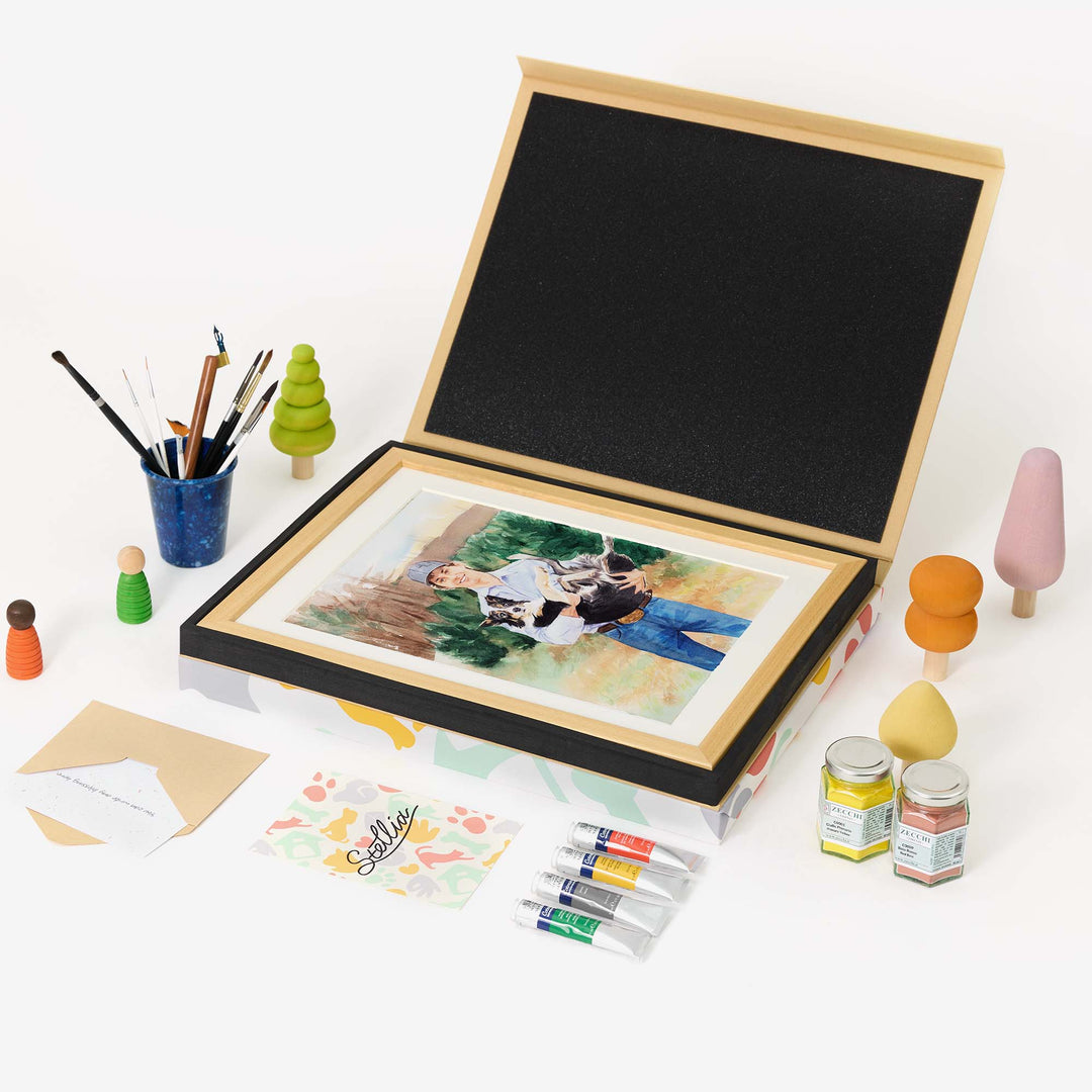 Custom hand-painted watercolor portrait of person and pet