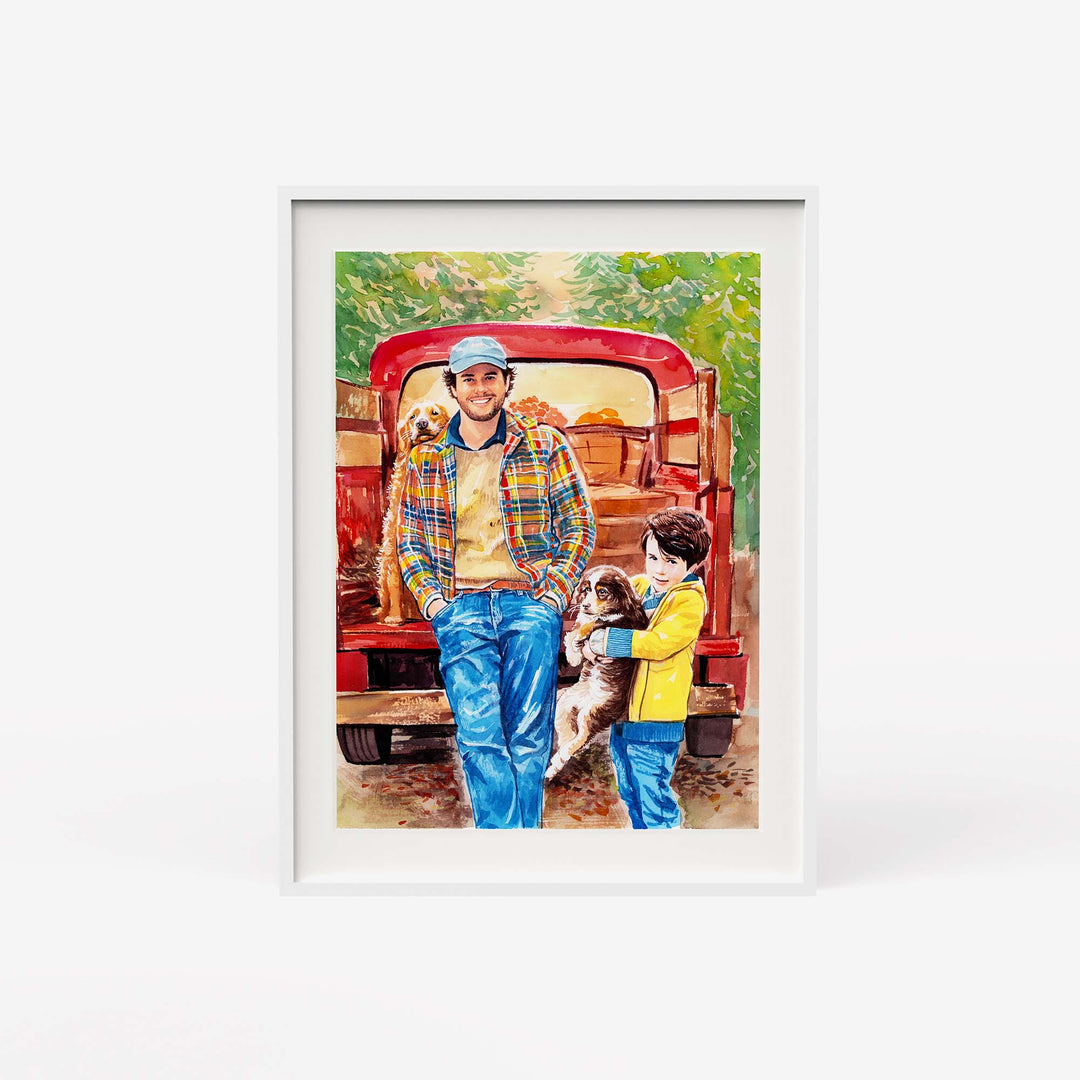 Custom hand-painted watercolor portrait of person and pet