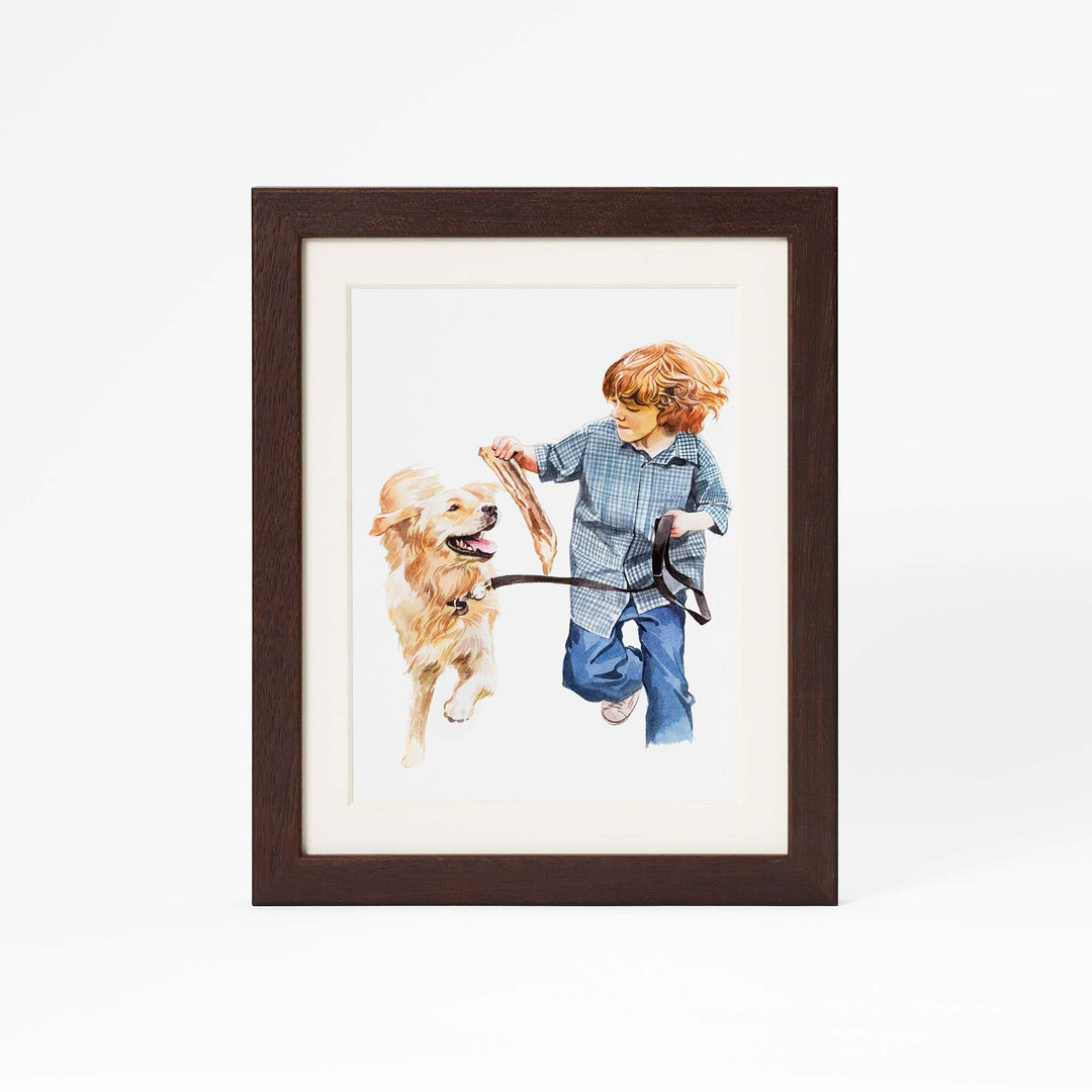 Custom hand-painted watercolor portrait of person and pet