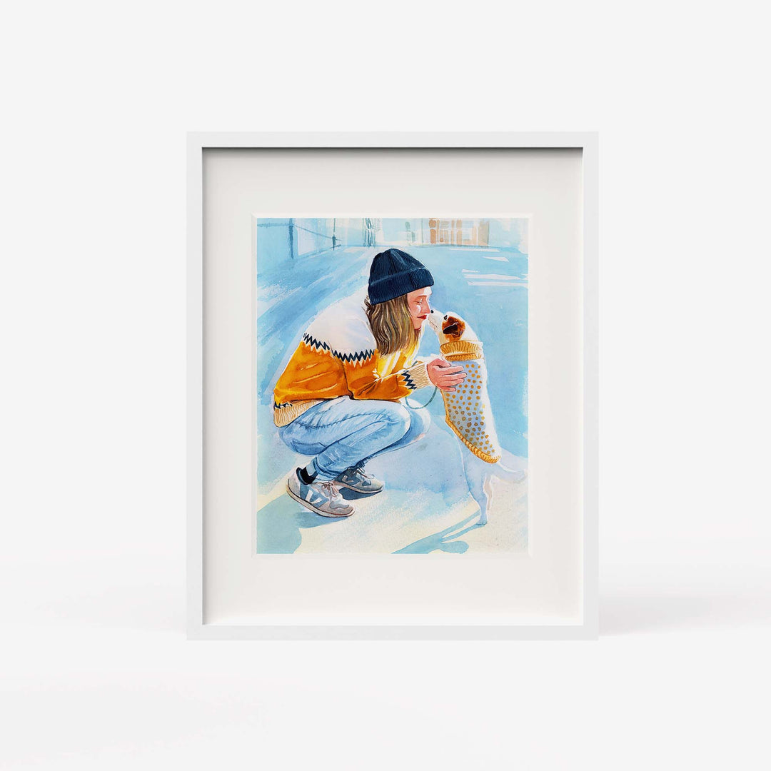 Custom hand-painted watercolor portrait of person and pet