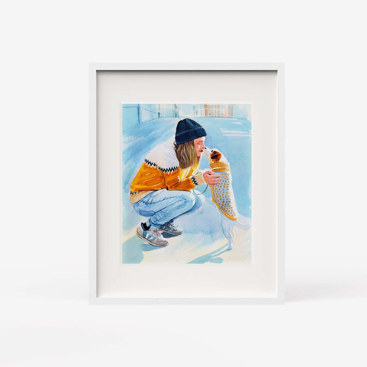 Custom hand-painted watercolor portrait of person and pet