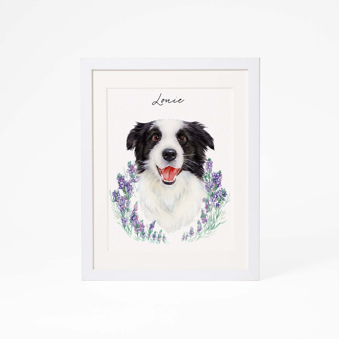 Pet watercolor surrounded by floral wreath