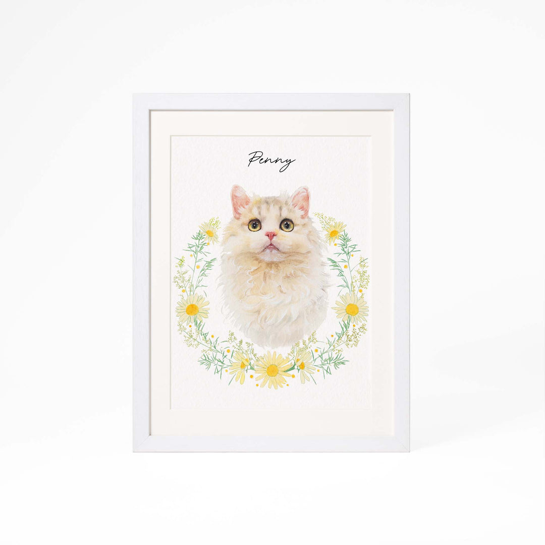 Pet watercolor surrounded by floral wreath