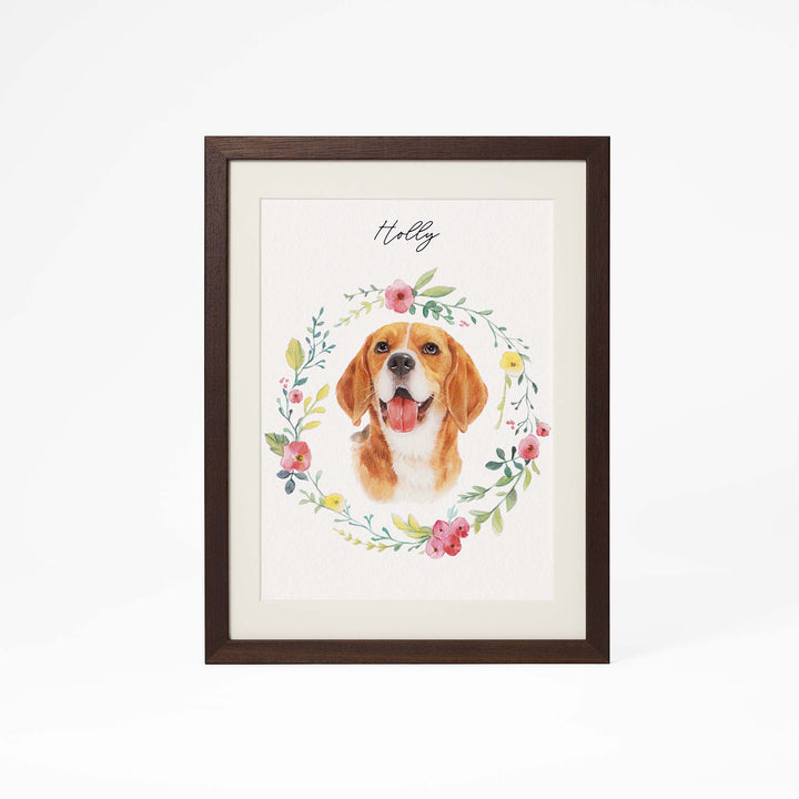 Pet watercolor surrounded by floral wreath