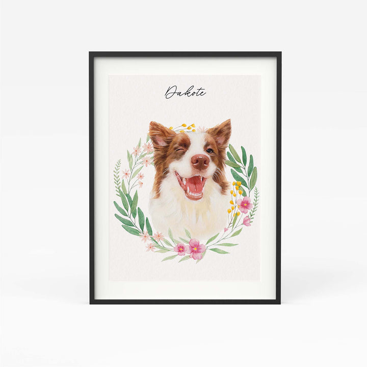 Pet watercolor surrounded by floral wreath