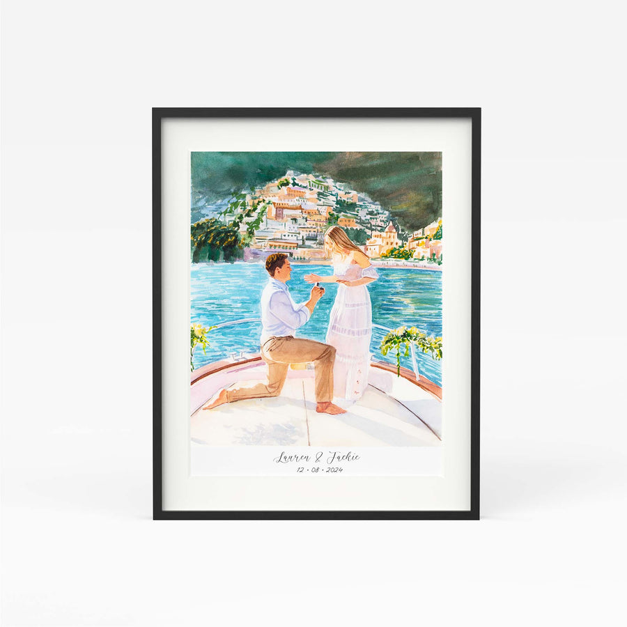 Hand-painted watercolor proposal portrait of a couple
