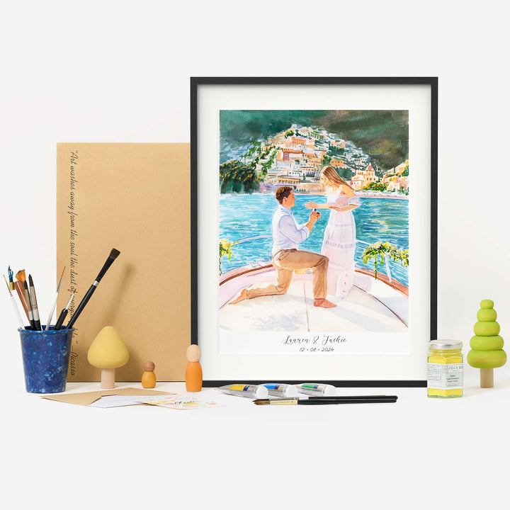 Hand-painted watercolor proposal portrait of a couple