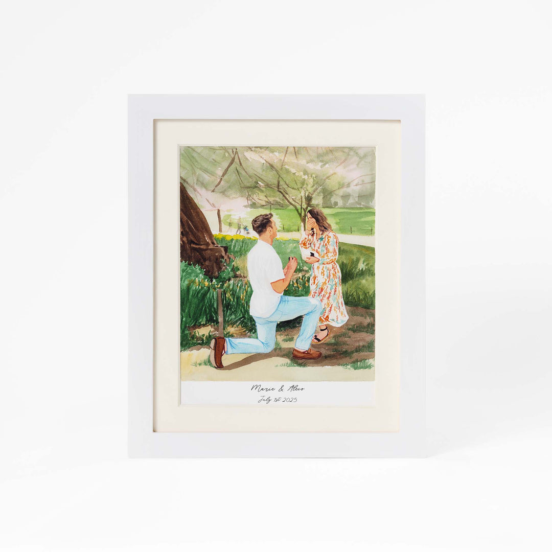 Hand-painted watercolor proposal portrait of a couple